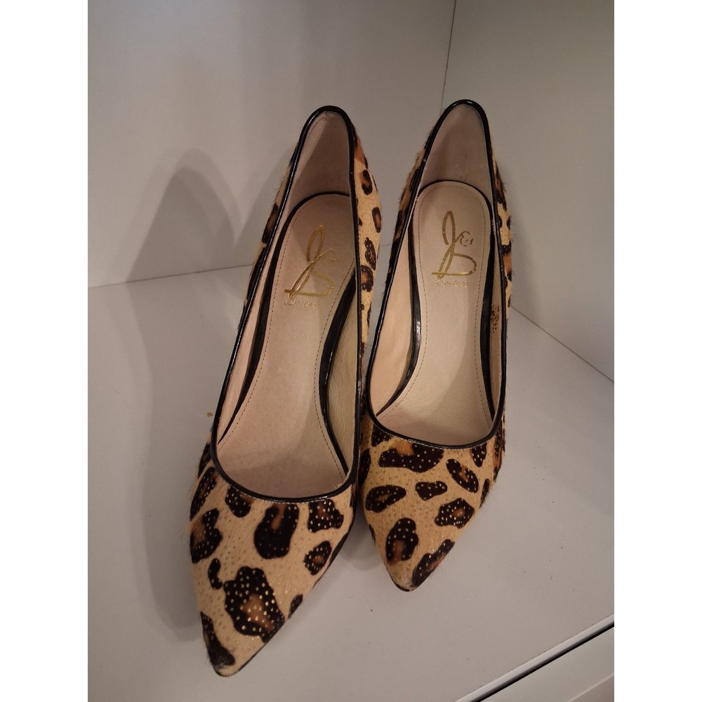 Joan & David Leopard Calf Hair Pointed Toe Pumps Gold Dot Accent Heels 7.5M